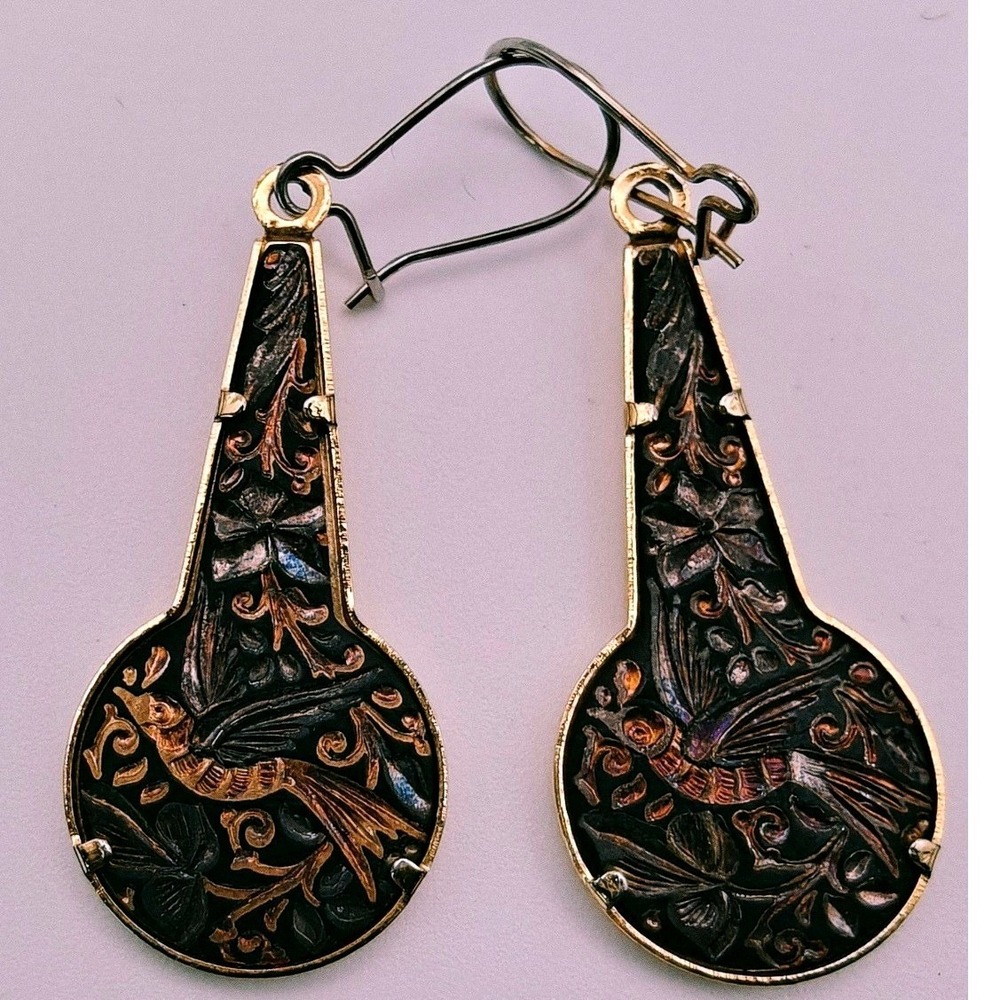 Vintage Spanish Damascene Bird Floral Drop Earrings Damasquinado de Toledo Gold